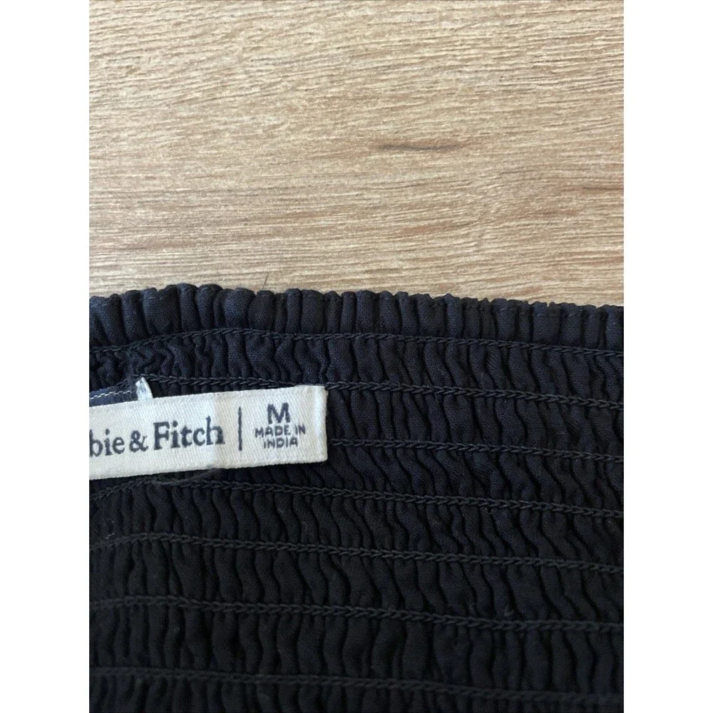 Abercrombie & Fitch M Black Smocked Top Puff Sleeve Ruched Tie Front Crop Blouse